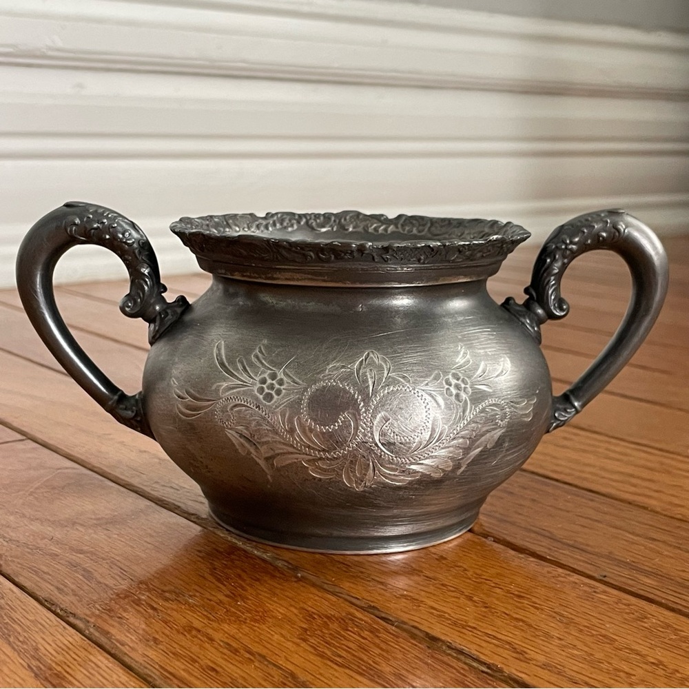Antique Elegant Quadruple Plate Silver Sugar Bowl with Ornate Handles 1893